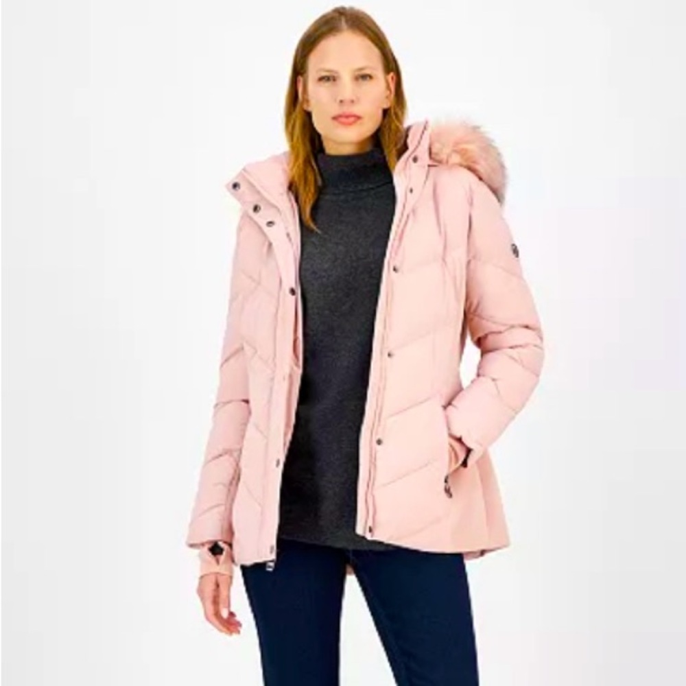 Michael Kors faux-fur-trim hooded puffer coat, size small, rosewater color